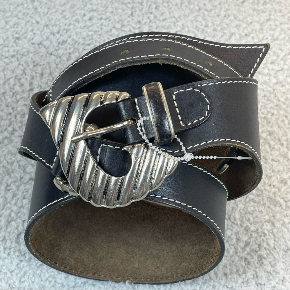 BALLY Belts womens 36in Black Leather Belt Silver Buckle flower Made in Italy